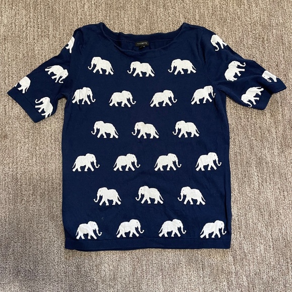 Talbots Navy Blue Short Sleeve Sweater – White Elephant Print – Size M - Picture 2 of 11